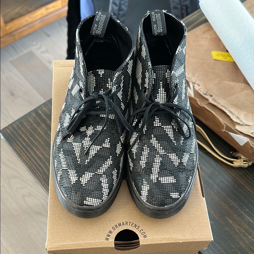 Dr. Martens Black and White Boots with High-Cut Design